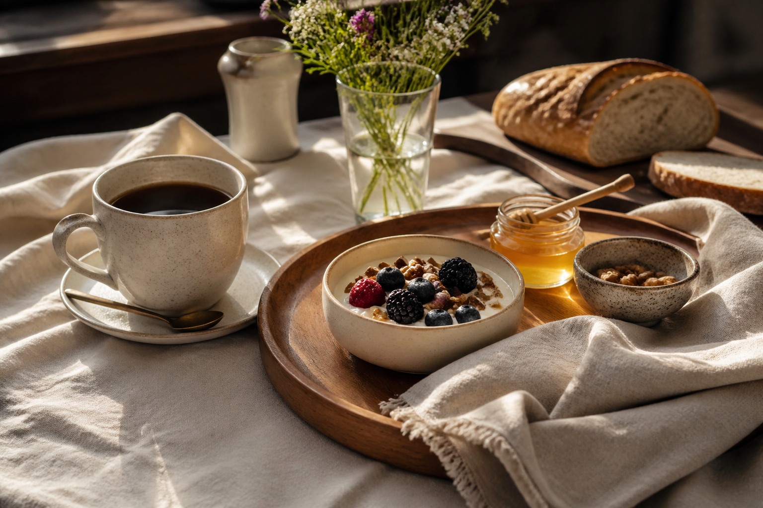 Local breakfast details on linen, wood, and ceramic tableware