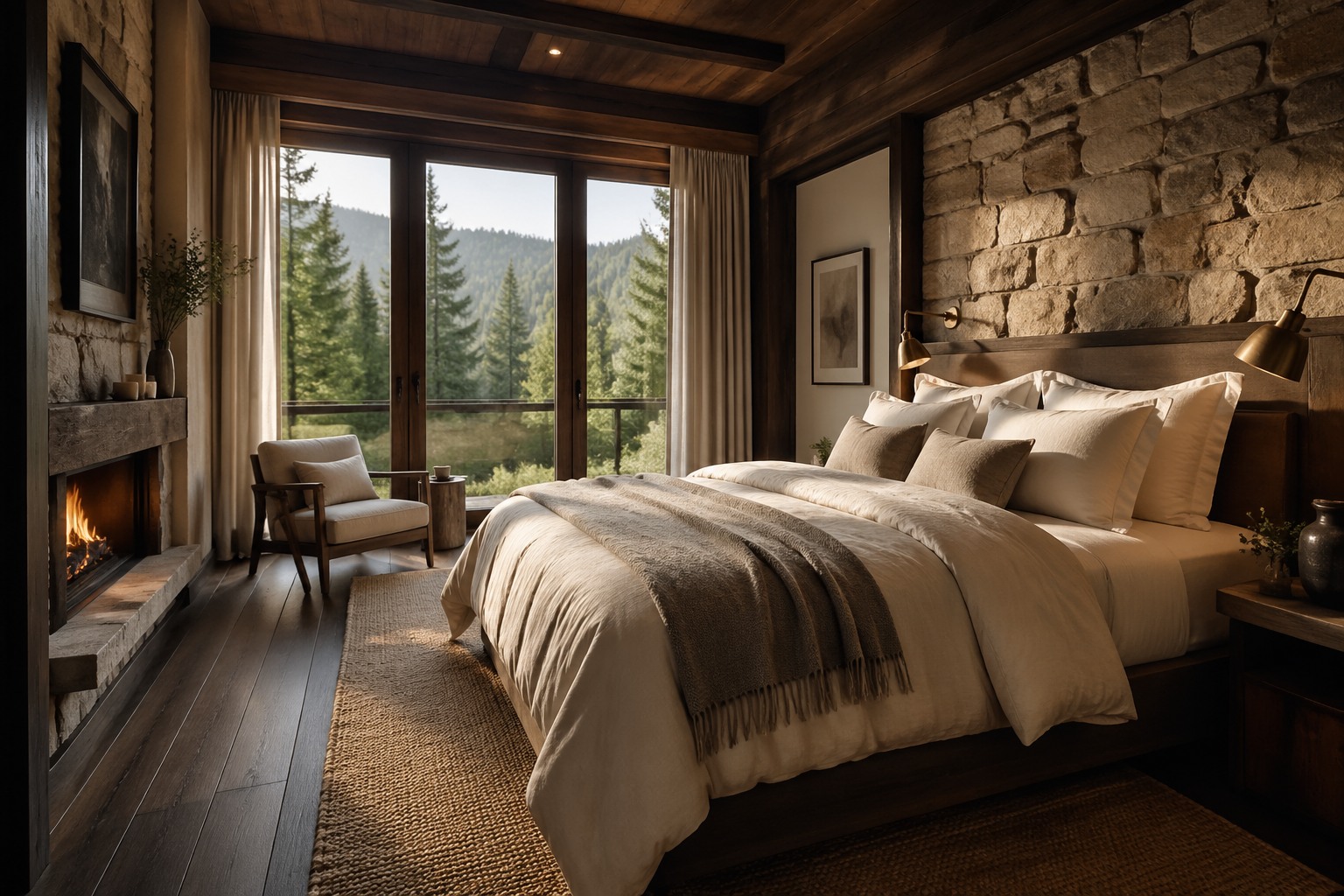 Warm bedroom suite with linen bedding, stone textures, and forest light